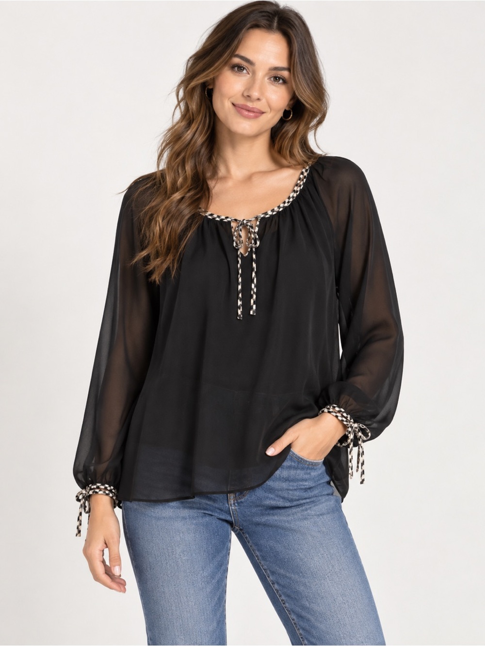 IPNG Black Long-Sleeve Sheer Peasant Blouse with Contrast Trim